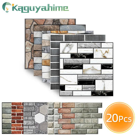Kaguyahime 20pcs Self-Adhesive Wall Tile Stickers DIY Stone Pattern 3D PVC Wallpaper Wall Panel Home Decor Waterproof Wall Paper